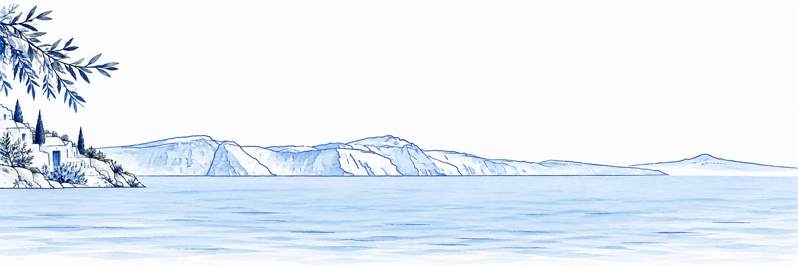 Ilustração animada da costa grega com um veleiro atravessando o mar